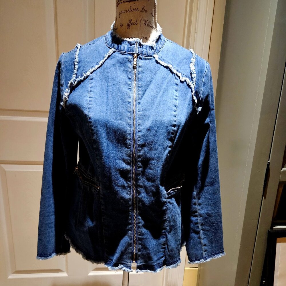 Denim jacket with raw hems and lace up sleeves